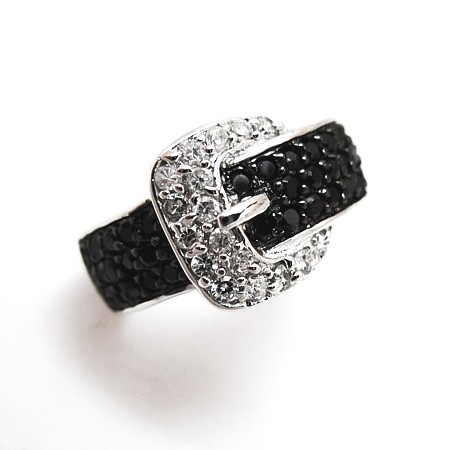 Buckle ring - Black and Clear Pave Cubic Zirconias - Click Image to Close